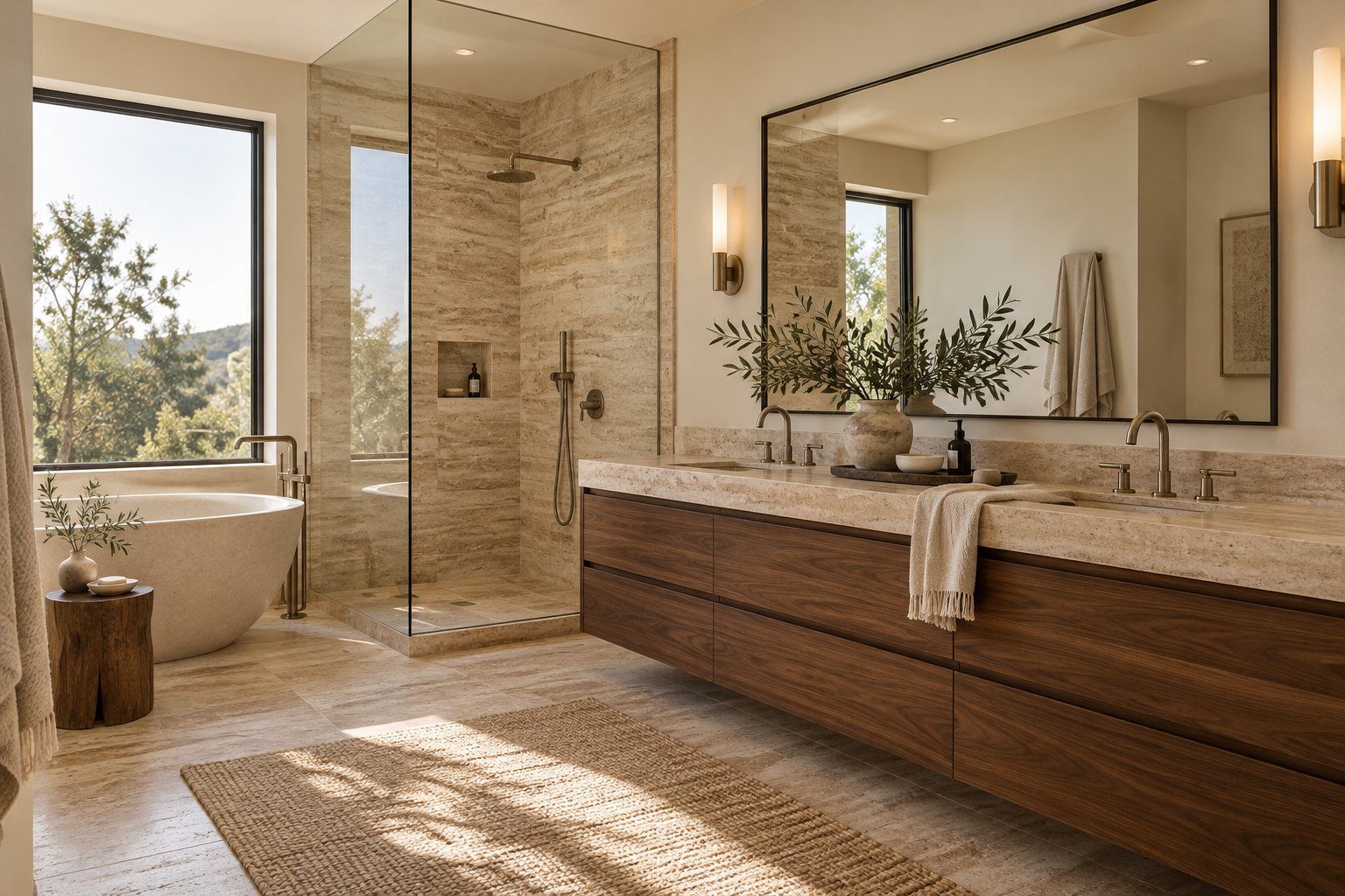 Generated fictional bathroom with natural stone and walnut details